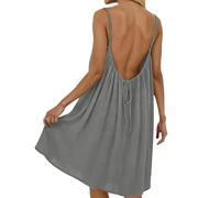 Pwzoax Backless Cami Dress for Women Linen Open Back House Lounge Loose Dresses Spaghetti Strap Summer Beach Flowy Sundress (Gray,M)