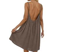 Pwzoax Backless Cami Dress for Women Linen Open Back House Lounge Loose Dresses Spaghetti Strap Summer Beach Flowy Sundress (Coffee,Grand)