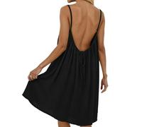 Pwzoax Backless Cami Dress for Women Linen Open Back House Lounge Loose Dresses Spaghetti Strap Summer Beach Flowy Sundress (Black,M)
