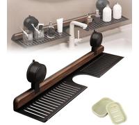 Pwzoax Walnut Bathroom Kitchen Suction Cup Shelf, Walnut Suction Cup Bathroom Shelf, Removable Sink Faucet Organizers, Wall Mounted No Drilling Storage ShelfBasket (Black,60cm/23.62 in)