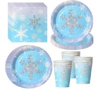 PYAILI Lot de 52 pièces thème flocons de neige Assiettes, gobelets, serviettes et nappes pour fêtes d'hiver, pour 16 invités