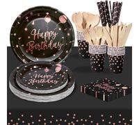 PYAILI Vaisselle Anniversaire Or Noir Rose, 24 invités Vaisselle de fête Assiette en Papier Gobelet en Papier Pour les Fêtes, Mariages, Fêtes de Remise des Diplômes, Assiettes de Fête