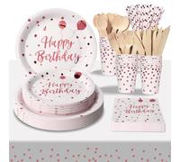 PYAILI Vaisselle Anniversaire Or Rose Blanc, 24 invités Vaisselle de fête Assiette en Papier Gobelet en Papier Pour les Fêtes, Mariages, Fêtes de Remise des Diplômes, Assiettes de Fête
