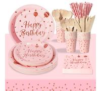 PYAILI Vaisselle Anniversaire Or Rose Rose, 24 invités Vaisselle de fête Assiette en Papier Gobelet en Papier Pour les Fêtes, Mariages, Fêtes de Remise des Diplômes, Assiettes de Fête