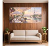 PYBILDCYJ Tableau Imprimé sur Toile Encadré Toile tendue sur châssis Café sur le quai parisien avec vue sur la Tour Eiffel Ensemble 3 Pièces, Déco Moderne pour Maison (40 x 60cm x3)