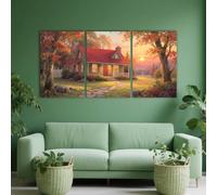 PYBILDCYJ Tableau Mural Artistique 3 Parties Décoration D'Intérieur Cabane d'automne confortable avec vue sur le crépuscule Peinture sur Toile Encadrée, Prêt à Accrocher (60 x 90cm x3)
