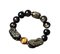 PYENHDI Bracelet Feng Shui, Bracelet Feng Shui Double Pixiu for la richesse et prospérité, en obsidienne dorée pierre œil de tigre