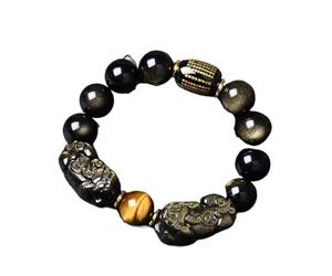 PYENHDI Bracelet Feng Shui, Bracelet Feng Shui Double Pixiu for la richesse et prospérité, en obsidienne dorée pierre œil de tigre