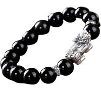 PYENHDI Bracelet Feng Shui, Bracelet Pi Xiu en obsidienne noire naturelle, perles et cristal d'argent pur, porte-bonheur
