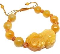 PYENHDI Bracelet Feng Shui, Bracelet Pixiu en jade jaune naturel, orné d'un charm ajustable et d'une pierre précieuse de chakra, symbole richesse cristal