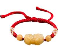 PYENHDI Bracelet Feng Shui, Pixiu/Pi Yao Pierre naturelle de jade jaune Cordon rouge porte-bonheur fait main noir ajustable