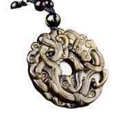 PYENHDI Collier de jade Pixiu, Collier Feng Shui de richesse avec pendentif dragon Pixiu en obsidienne dorée et cordon perles