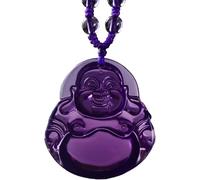 PYENHDI Collier Feng Shui en jade, Collier bouddha riant, chaîne de perles cristal violet, pendentif, bijoux Feng Shui