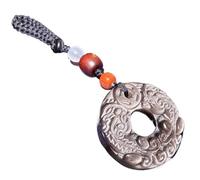 PYENHDI Collier Feng Shui en jade, Porte-clés en obsidienne argentée naturelle, collier rond double Piyao 32 x 9 mm