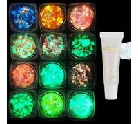 PYEUIFT 12 Pièces Paillettes Visage Festival Paillette Maquillage Fluorescent Dans Le Noir Phosphorescent Cheveux Couleurs Lumineuse Paillettes Gel Holographique Set Fluorescent Paillette