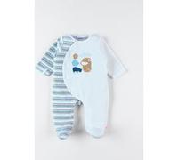 Pyjama 1 pièce rayé rhino & éléphant en velours, écru 6M