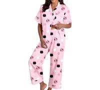 Pyjama 2 Pièces en Forme de Citrouille pour Femme, Pyjama Imprimé Boutonné à Manches Courtes et Pantalon pour Halloween Ensemble Femme Chic et Elegant