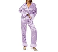 Pyjama 2 pièces en satin de soie avec bordure à plumes pour femme - Chemise boutonnée à manches longues + pantalon long, a-violet, L