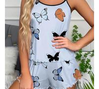 Pyjama 2 pièces pour femme à imprimé papillon, doux et confortable, vêtement de détente léger pour toutes les saisons, utilisation à la maison et à l'hôtel (L bleu)