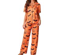 Pyjama 2025 pour femme en coton tendance pour des nuits confortables, Halloween, vêtements de nuit élégants avec imprimé cardigan, chemise à manches courtes et pantalon long, vêtements de détente