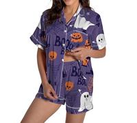 Pyjama 3XL pour femme - Pyjama décontracté en satin imprimé graphique - Vêtements de nuit mignons - Boutons - Haut à manches courtes - Ensemble de pyjama d'Halloween en soie pour femme, violet, L