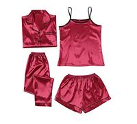 Pyjama 4 pièces pour femme - En satin - Haut à bretelles sexy - T-shirt à manches longues - Pantalon baggy - Short large - Chemise de nuit en soie - Élégant - Peignoir léger en mousseline, Bordeaux, S