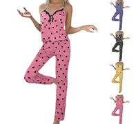 Pyjama à col en V pour femme - Débardeur sans manches - Haut et pantalon imprimé à jambe large - Gilet fendu sur le côté - Vêtements de nuit 2 pièces - Haut court et pantalon avec motif cœur, rose