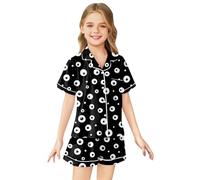 Pyjama à Manches Courtes en Fausse Soie imprimé Halloween pour Fille Confort Absolu Design ludique idéal pour Les Nuits Douces Parfait pour Les Aventures Nocturnes (Black, 12-13 Years)
