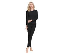 Pyjama à manches longues pour femme - Coupe ajustée - Col rond - Couleur unie - Deux pièces - Grandes tailles - Doux et confortable - Extensible, Noir , XXXXXL