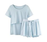 Pyjama à manches - Vêtements de nuit pour femme - Chemise et ensemble T - Hauts de maternité - Pantalon court - Haut de pyjama de maternité de Noël (bleu, L)