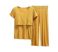 Pyjama à manches - Vêtements de nuit pour femme - Chemise et ensemble T pour bébé - Hauts de maternité - Pantalon court - Vêtements de maternité pour l'hiver (jaune, L)