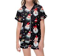 Pyjama ado Fille Court Noël Imprimé, Tenue de Nuit Festive Douce, Ensemble 2 Pièces, Vêtement d'Intérieur Confortable(Black, 8-9 Years)