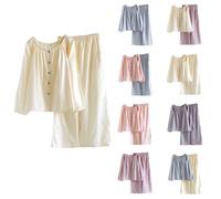 Pyjama ample en coton à boutons pour femme - Manches longues - Vêtement de nuit 2 pièces - Doux - Ensemble de vêtements de détente unis et confortables avec pantalon large, F, XL
