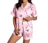 Pyjama assorti pour couple avec imprimé vacances boutonné sur le devant | Style imprimé de vacances, un haut à col ou à col rond et un short assorti créent un look deux pièces facile pour les