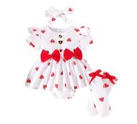 Pyjama Bebe ete Body Bebe 0-3 Mois Tenue de la Saint-Valentin pour bébé Fille : Body à Manches Courtes avec nœud et imprimé cœur, Bandeau et Chaussettes, Trois pièces pour séance Photo bébé/Fille