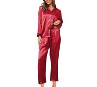 Pyjama Chaud Et Doux,Pyjama Femme Chaud,Produit à Femme Ensemble Pyjama en Soie Satin 2 pièces Manches Longues boutonné Pantalon décontracté Confort Luxueux pour Nuits et détente (RD1, M)