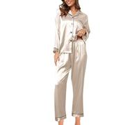Pyjama Chaud Et Doux,SurvêTement Femme,Produit à Femme Ensemble Pyjama en Soie Satin 2 pièces Manches Longues boutonné Pantalon décontracté Confort Luxueux pour Nuits et détente (Beige, XXL)