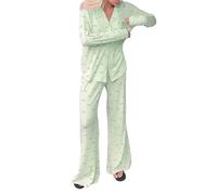 Pyjama Chaud Femme,Pyjama pour Femme Ensemble Confortable avec Pantalon Long et col Rabattu Tenue de Nuit Douce et décontractée Style Mignon idéal pour Le Soir et Le Repos (Green, M)