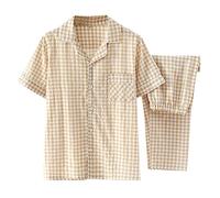 Pyjama Chaud Homme - 2023 Seersucker Jour Plaid À Manches Courtes Pantalon Mince Rayé Décontracté Maison (Khaki M)