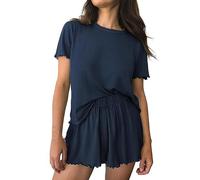 Pyjama Coton Femme Long Pyjama Ensemble Pyjama 2 pièces en côtelé à Manches Courtes pour Femme Pyjama De Noël Femme Pyjama Combinaison Femme (BU1, XL)