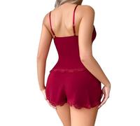 Pyjama Couple Assorti Amoureux Pyjama Ete Femme Ensemble Sexy en Dentelle pour Femme Caraco Et Culotte Doux Et Lisse avec Bretelles Short Coton Sexy Combinaison Wine L
