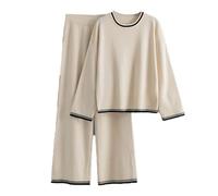 Pyjama Couple Pull tricoté à Manches Longues et col roulé pour Femme, Couleur Unie, Pantalon à Jambes Larges, Version Ample, Ensembles décontractés pour la Nuisette Et Kimono Femme (Beige, One Size)
