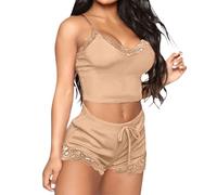 Pyjama court en coton pour femme - 2 pièces - Ensemble pyjama sexy - Slip intégral - Deux pièces - Avec bretelles spaghetti - Pyjama doux et haut et short, kaki, XL