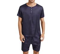 Pyjama court en soie pour homme - Pyjama court à boutons - Avec boutonnière - Ensemble de pyjama en satin - Pantalon de pyjama d'été - Avec poches de poitrine - T-shirt et short, Marine, XL