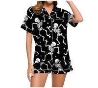 Pyjama court pour femme - Ensemble de pyjama court - 2 pièces - Avec boutonnière - Col rabattu - Vêtement de nuit - Loisirs - Confortable - Manches courtes - Haut et pantalon court - Imprimé nuisette