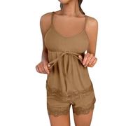 Pyjama court pour femme, pyjama court, deux pièces, col en V, dentelle, bretelles spaghetti, chemise de nuit et short de sommeil, vêtements de détente, décontracté, léger, lingerie unie 2024