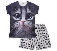 Pyjama court pour fille Motif pattes de chat aux yeux bleus, Noir , 12-13 ans