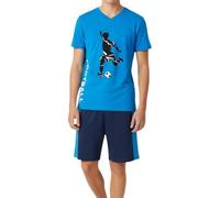 Pyjama court pour garçon, en 100% coton doux et avec un pantalon en forme de bermuda, avec motif de football, de couleur bleu, 152