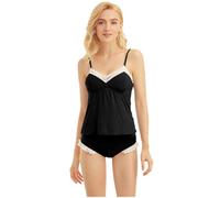 Pyjama court sexy pour femme - Ensemble de 2 pièces - Avec bordure en dentelle - Col en V - Sans manches - Nuisette décontractée - Couleur unie