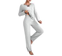 Pyjama de maternité en satin côtelé pour femme - Pull à col en V et manches longues - Pantalon long confortable assorti, gris, L